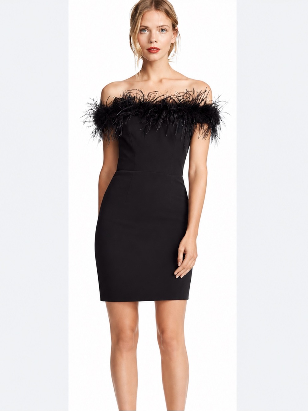 MILLY black off-the-shoulder mini dress feather-trimmed bodice